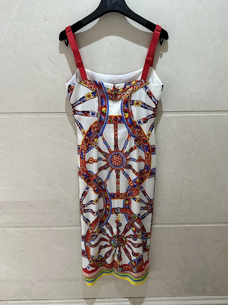 Spring Summer Fashion Vintage Wheel Pattern Print Midi Pencil Dress Women's Spaghetti Strap High Waist Buttock Covering Dress