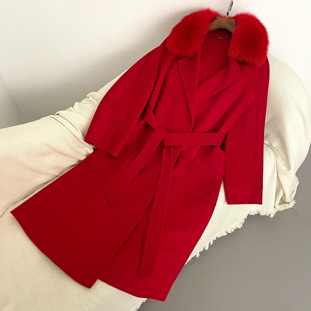 

Куртка из натурального меха 2024, шерстяное пальто, шерстяное женское пальто с воротником из лисьего меха, зимняя куртка, одежда для женщин, High Street