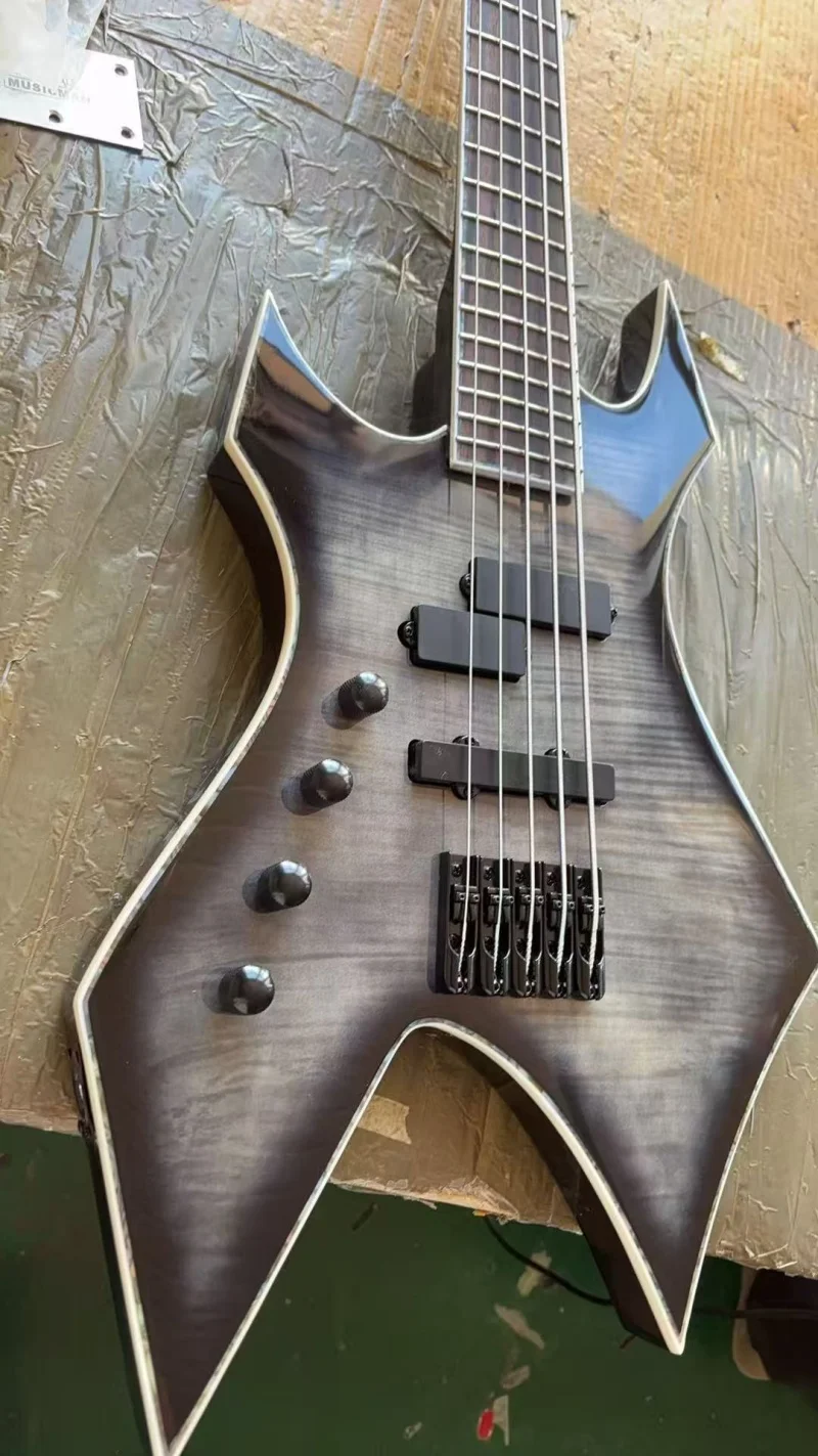Left-hand 5-string bass, rosewood fingerboard with colored strips bound, flame maple veneer, real photo, free delivery