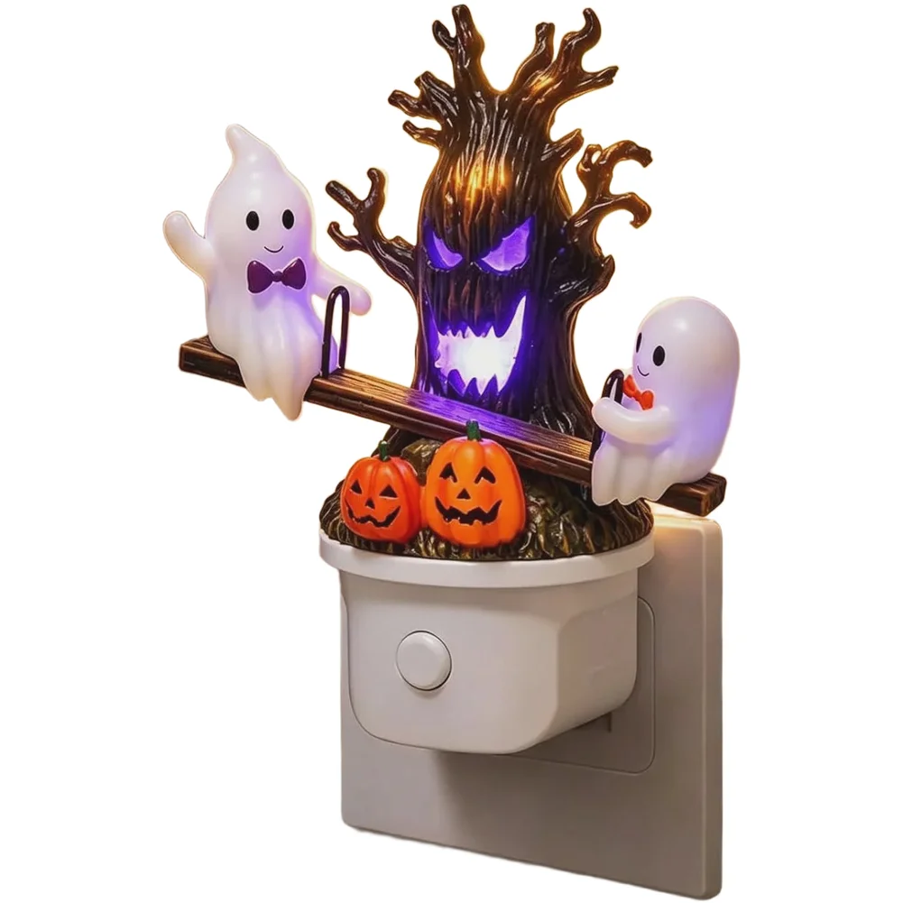 Spooky Animated Seesaw Night Light for Halloween Decor Featuring Gentle Glow and Artistic Cartoon Design Resin Figurine 17cm