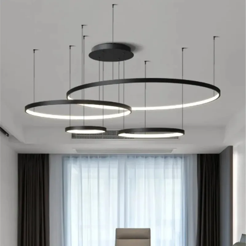 Modern Annular LED Pendant Lights for Living Dining Room Food Tables  Kitchen Hall Black Chandelier Home Decor Light Fixture