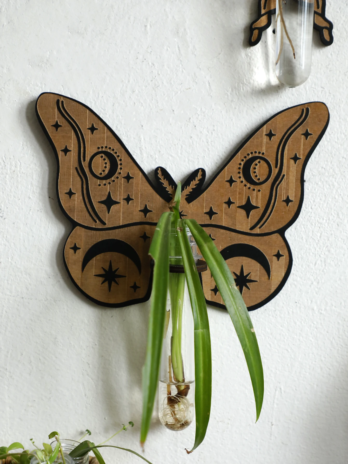Butterfly Wall-Mounted Propagation Station，Wooden Hanging Plant Holder with Plastic Tubes for Indoor Plants, Hydroponic Planter