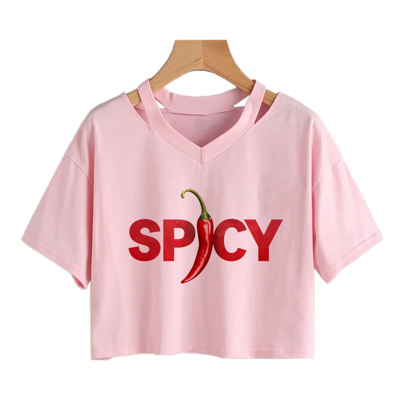 New Stylish Y2K Women's Short Sleeve T-Shirt Red Chili SPICY Print Sexy Crop Tops 90s Graphic Cropped T Shirt Clothes Outfit 90s
