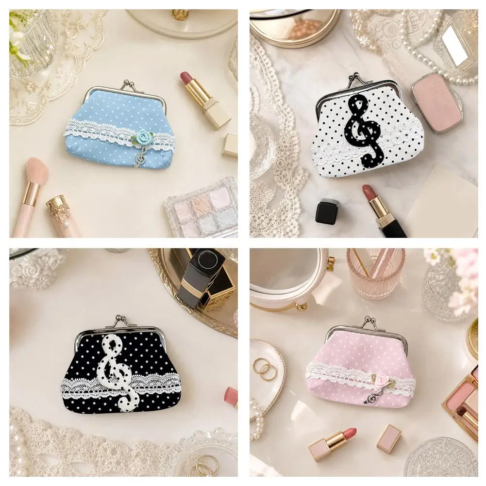 Cute Music Note Lace Kiss Lock Coin Purse Vintage Polka Dot Fabric Mini Pouch Women Small Lipstick Earbud Card Change Wallet
