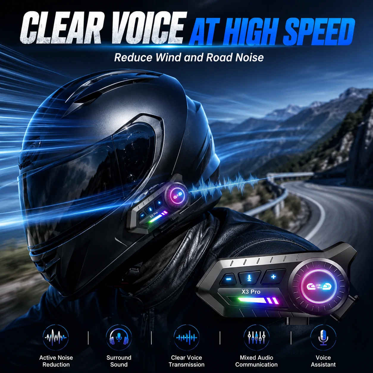 Music Audio Pro - X3 Pro - IP67防水保護、500mインターコム、音楽共有、FMラジオ、最大50時間のオーディオ再生で、より長くライドを楽しめます。