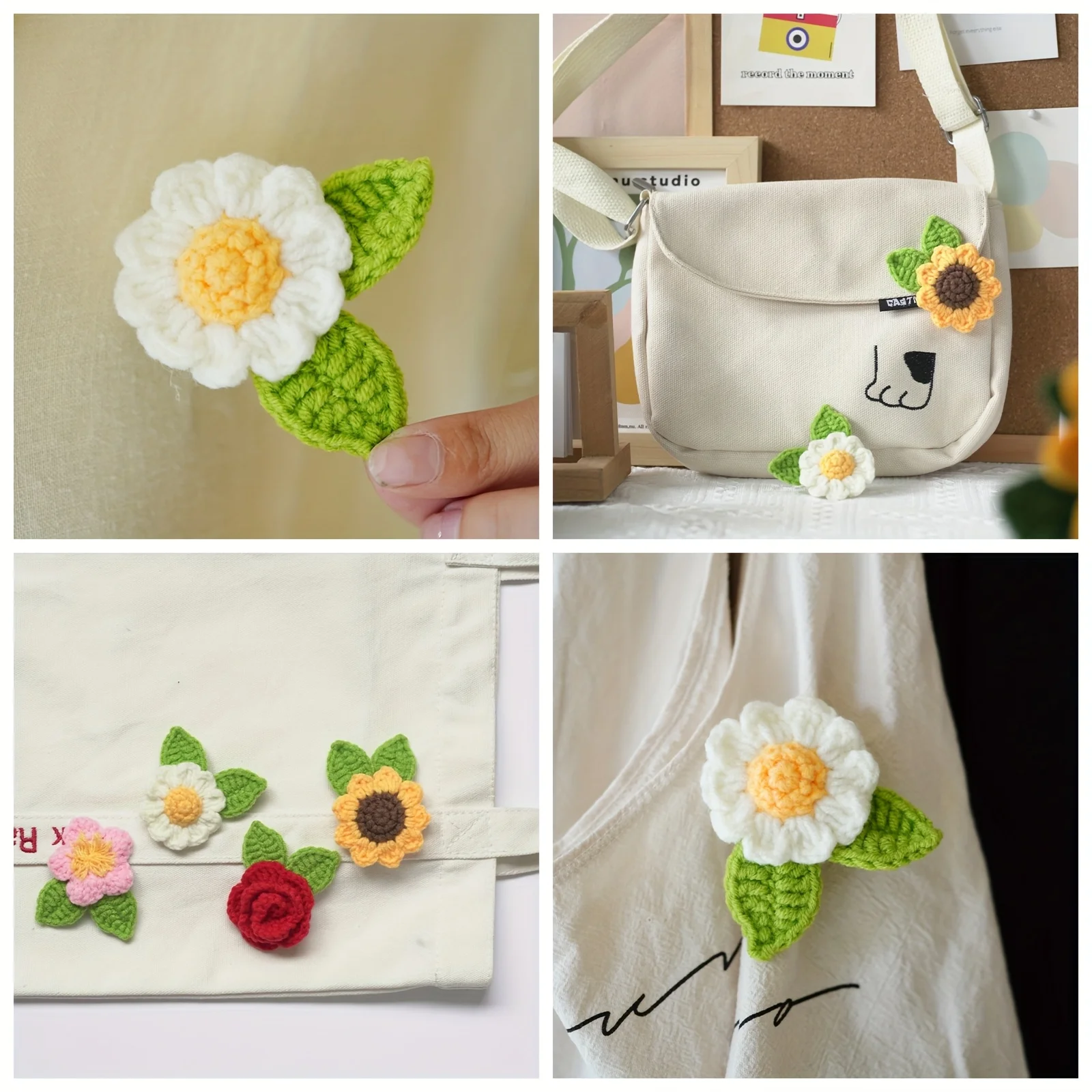 4Pcs Flower Decoration Pendant Crochet Kit Material Package, Not a Finished Product, Comes with an English Video Tutorial, Easy to Use, Perfect for DIY Handmade Knitting, Perfect for Decorating Pendants, Suitable for All Seasons