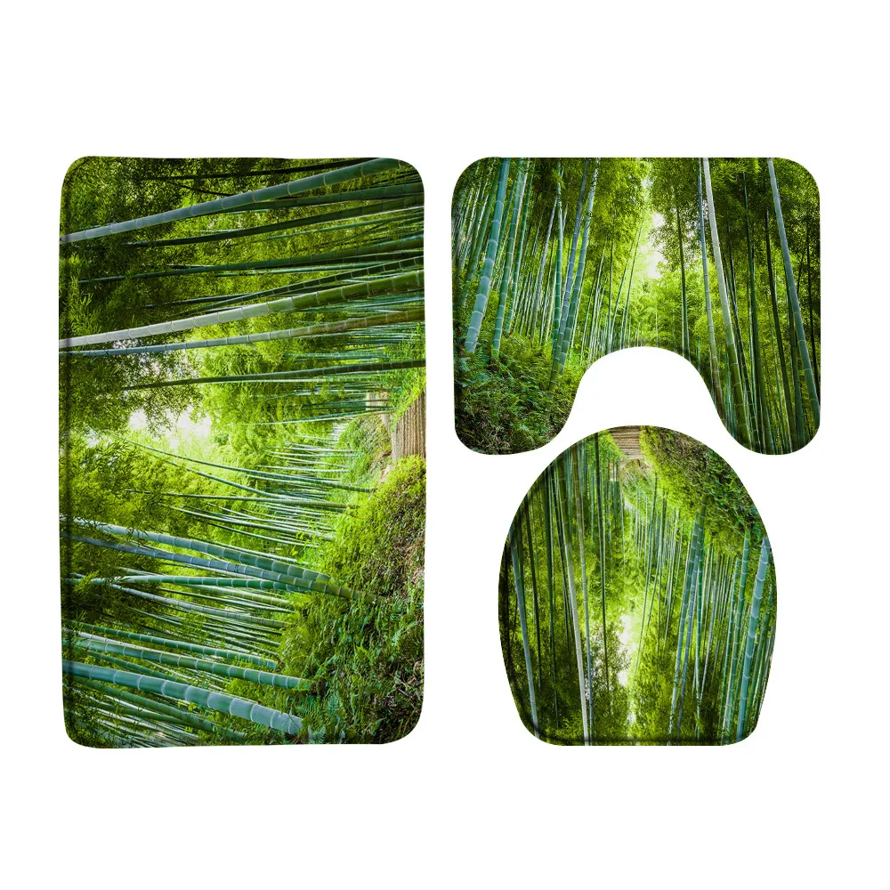 

3Pcs Green Bamboo Forest Bath Mat Sets Garden Park Scenery Bathroom Decor Doormat Carpet Flannel Non-Slip Rugs Toilet Lid Cover