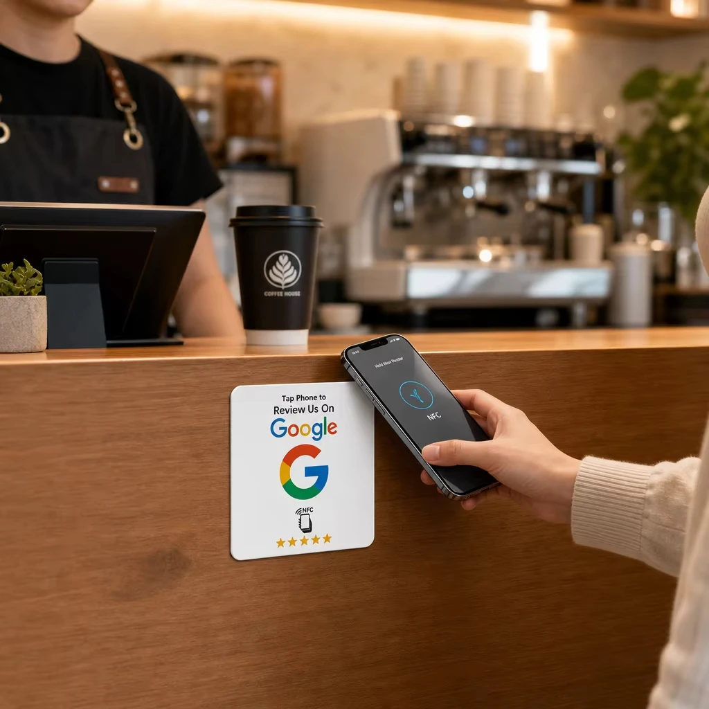 NFC Google Review Card Sticker NTAG215 Chip Tap to Review 100x100mm Waterproof PVC Table Wall Plaque for Restaurant Cafe Retail