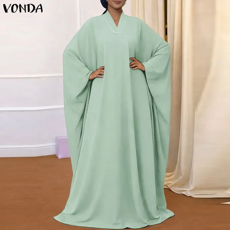 

Винтажное однотонное женское платье VONDA больших размеров с длинным рукавом, летнее/весеннее, с V-образным вырезом, длинное макси-платье для офиса/вечеринки