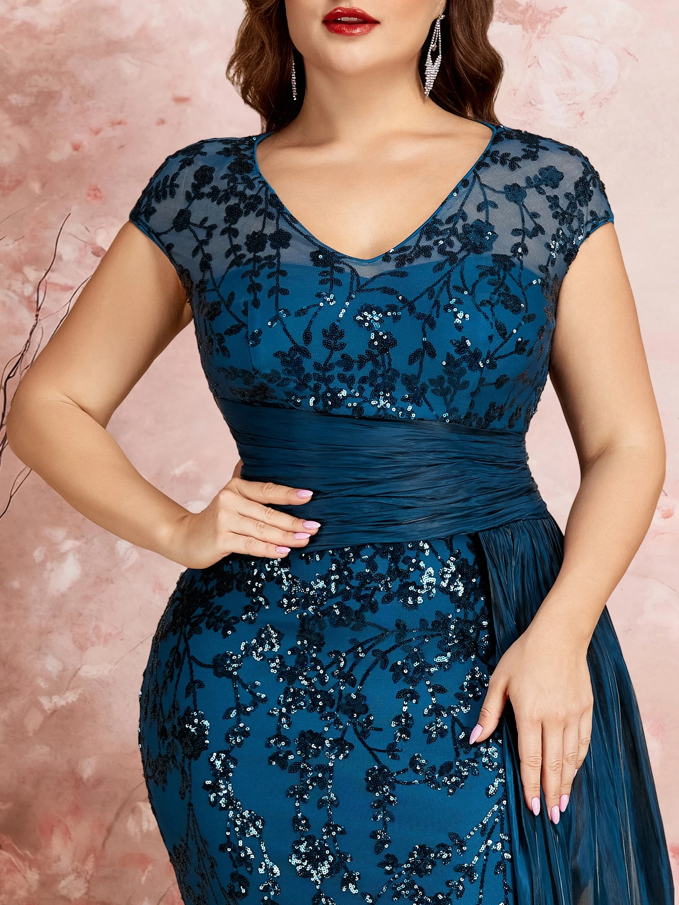 Vestidos de Noche Formales de Talla Grande con Mangas Casquillo Elegantes, Lentejuelas, Parches y Cintas, Vestidos de Fiesta de Lujo con Cuello en V y Largo hasta el Suelo