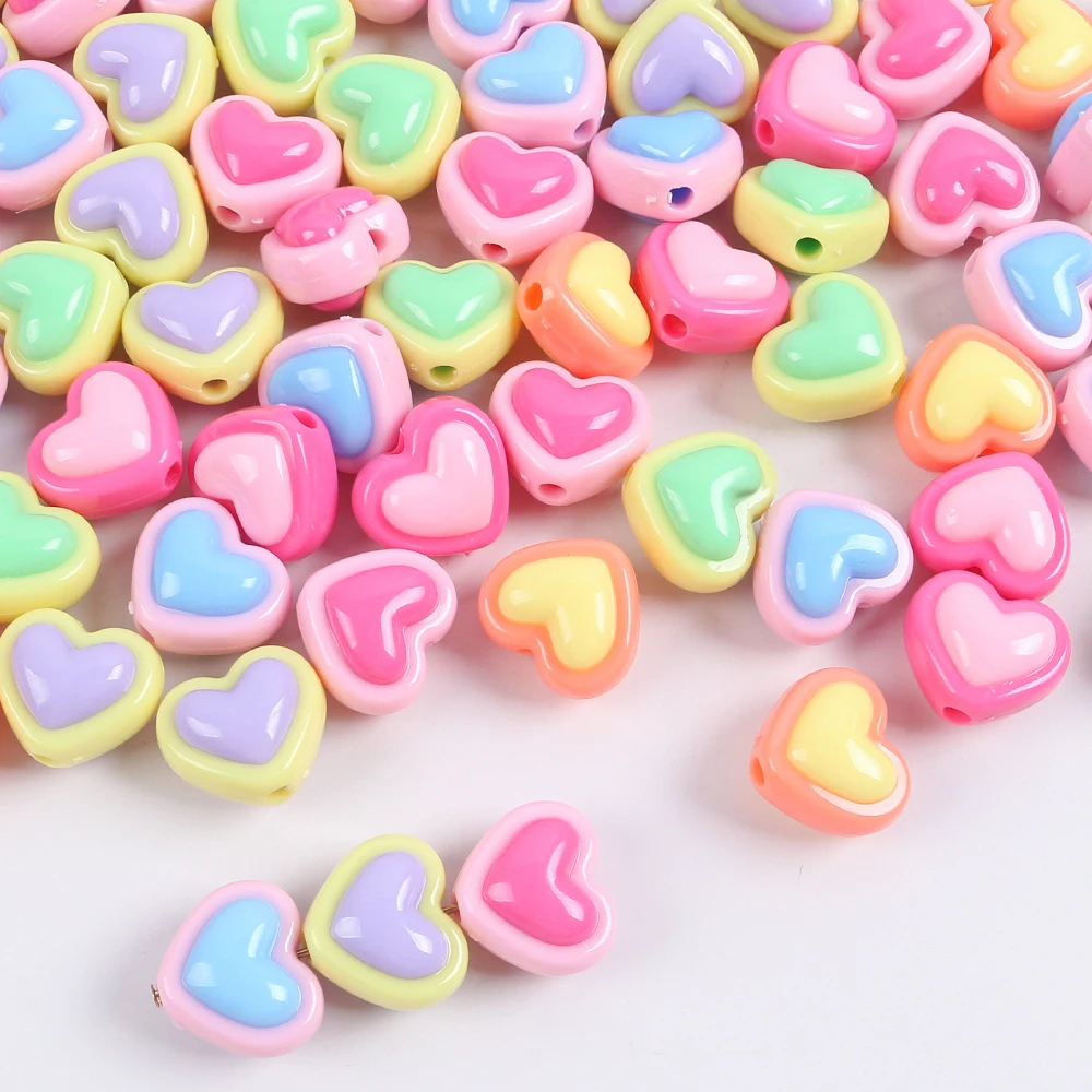 10pcs Acrylic Two-Color Heart Shape Loose Bead Handmade Diy Necklace Bracelet Headband Candy Color Beads Jewelry Accessory