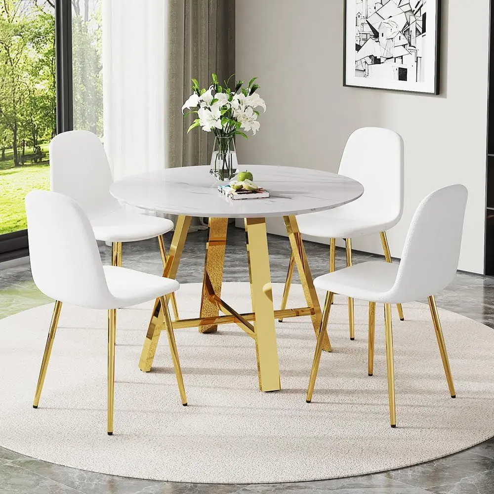 

4-Seat Marble Top Dining Set with Upholstered Chairs, 42 Inch White
