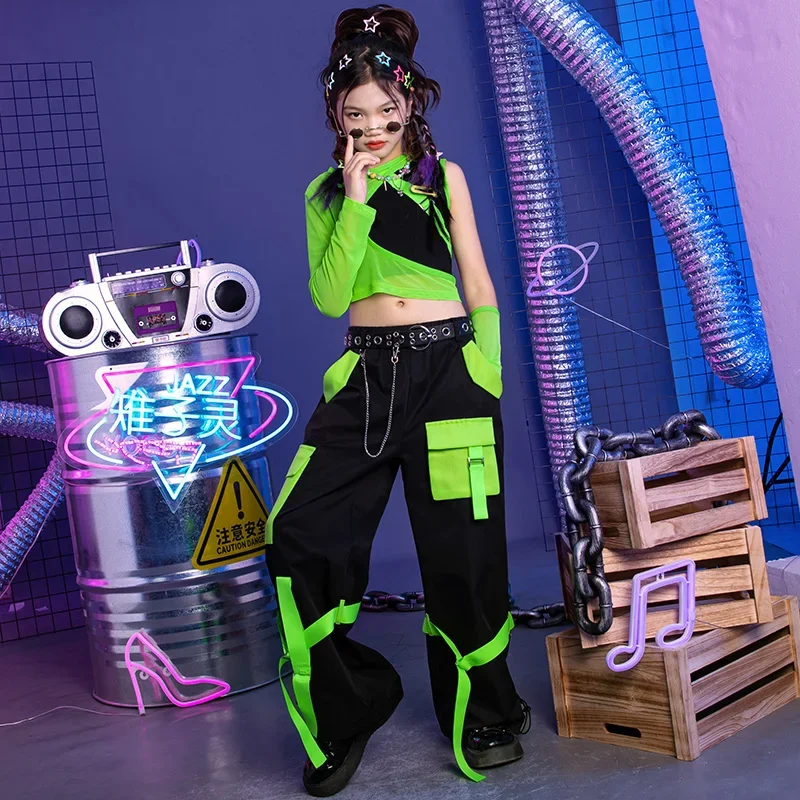 Girls Jazz Dancing Outfits Children Ballroom Hip Hop Dance Rave Clothes Green Crop Tops Cargo Pants Suit