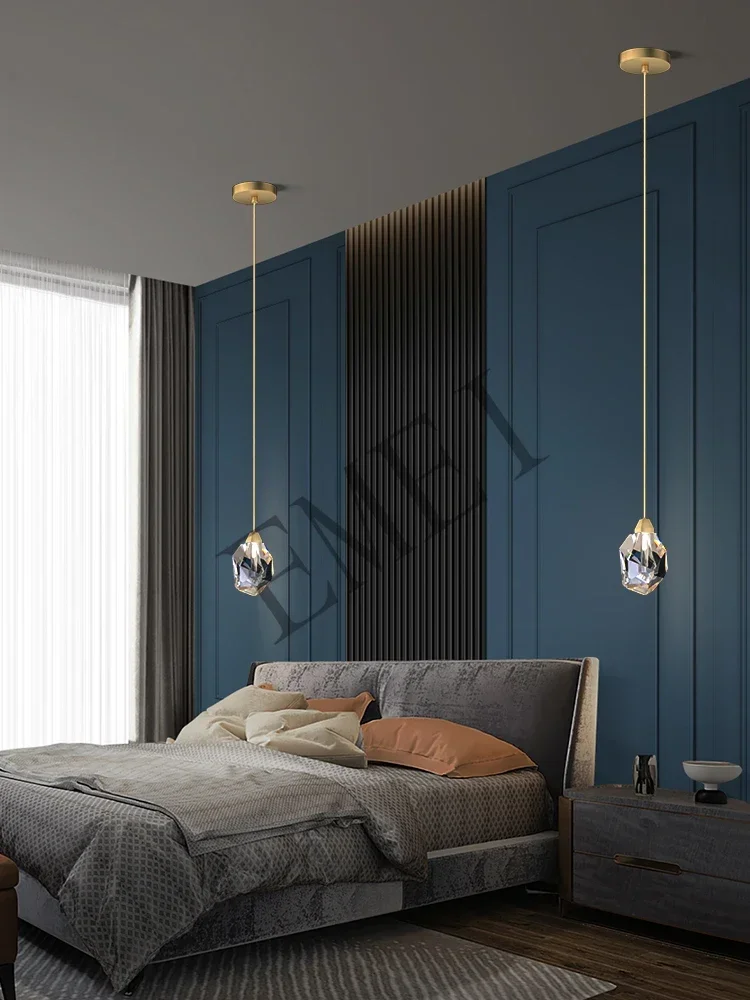 Copper Light Luxury Crystal Bedside Hanging Line Lamp Simple Bedroom Dining Room Bar Single Head Small Droplight