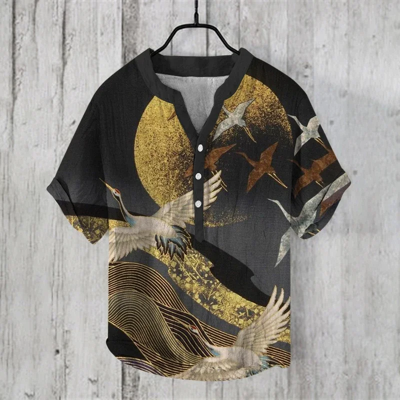 Summer Henry Shirt Men's Clothing Print Short Sleeve Vintage Clothes Casul Shirts Tops Fashion Mens Clothing 2024 Offer Cardigan