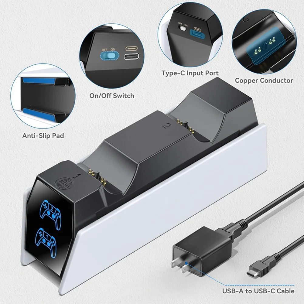 เครื่องชาร์จ N97R สําหรับคอนโทรลเลอร์ PS5 พร้อมอะแดปเตอร์ AC ที่ชาร์จเร็ว และแท่นวางแบบเหนี่ยวนําคู่สําหรับ PlayStation5