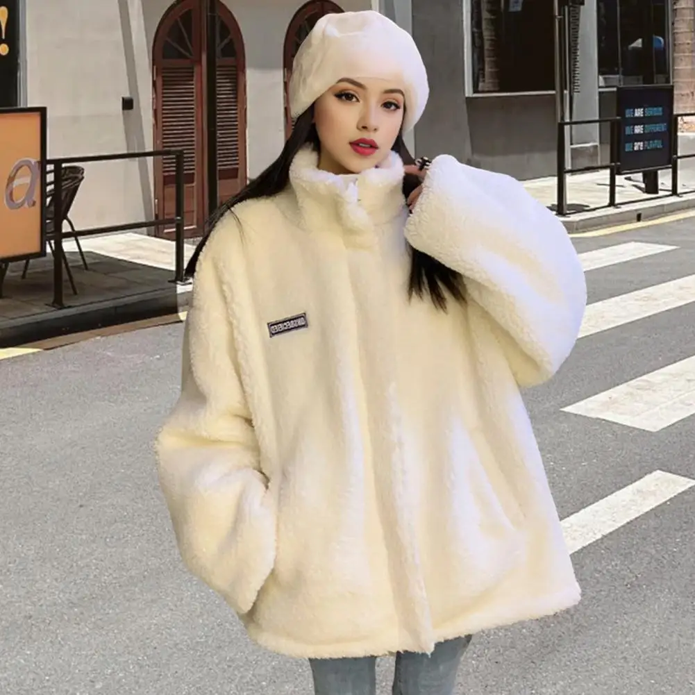 Stand-up Collar Jacket Warm Stylish Women's Winter Coat with Stand Collar Thick Fleece Lining Cold-proof Outerwear for School