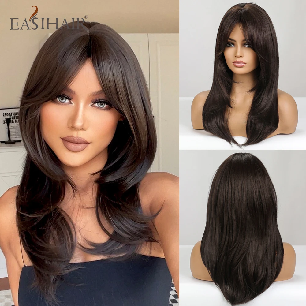 EASIHAIR Medium Length Layered Natural Hair Wig Dark Brown Wavy Synthetic Wigs for Women with Bangs Daily Wigs Heat Resistant