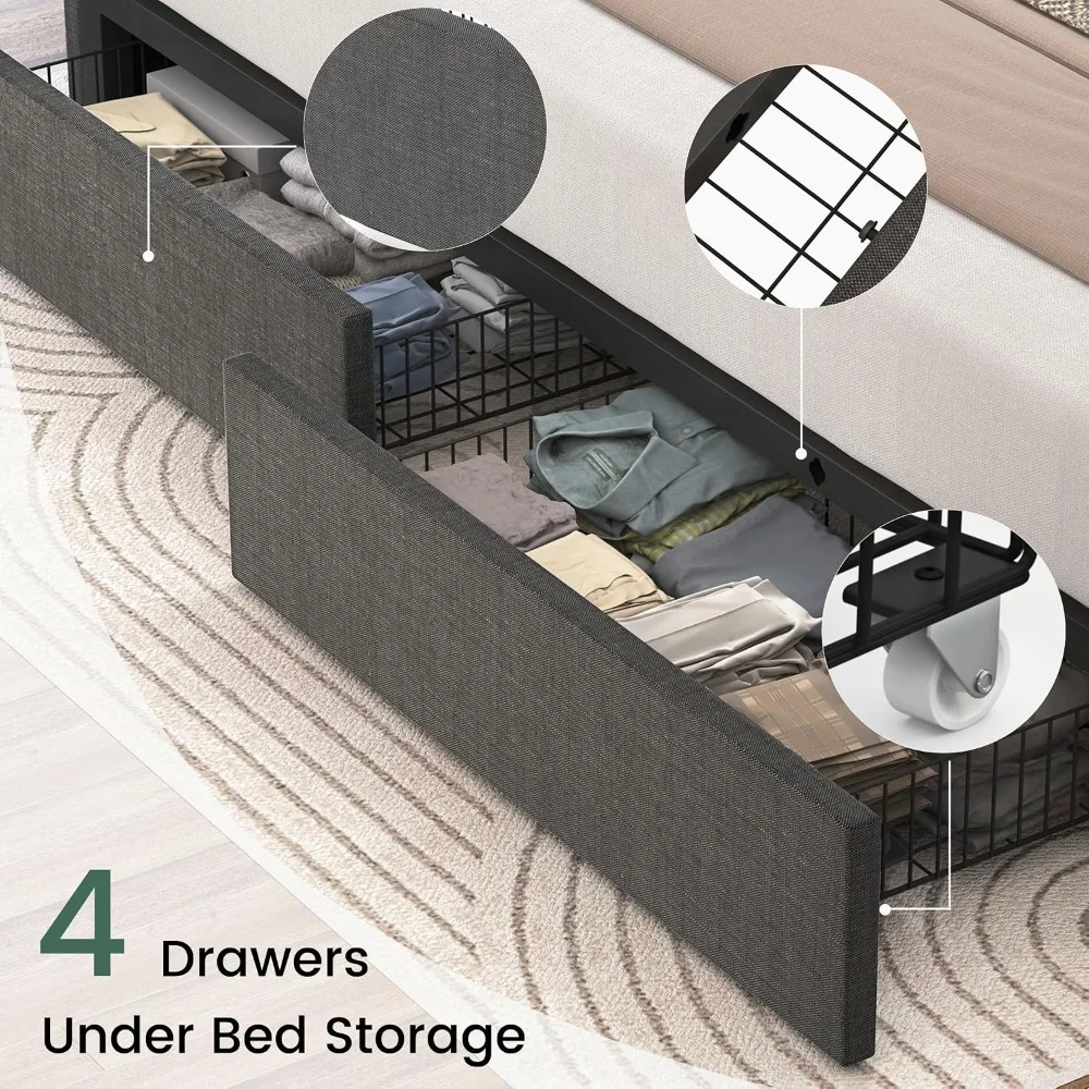 King Size Linen Upholstered Platform Bed Frame, Wingback Headboard & Storage Drawers & Wooden Parts, Customized view 5