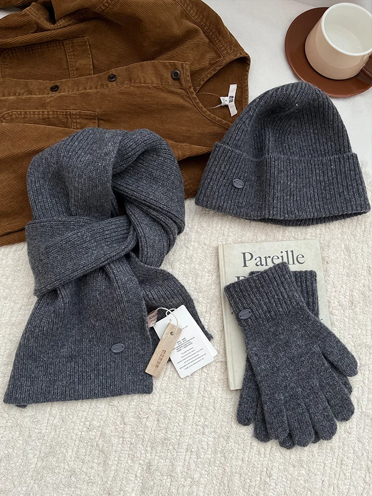 High Quality 100% Atmosphere Blue Pure Wool Scarf Hat Gloves Set Autumn and Winter Warm Wool Scarf Gift
