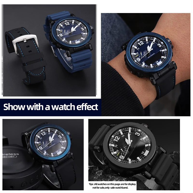 24MM Black Blue Waterproof Silicone Watchband For Casio PROTREK PRG-650/600 PRW6600  Rubber Watchstrap Straight Joint