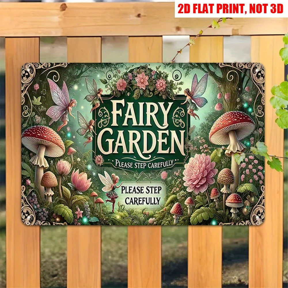 2D Flat Magic Forest Fairy and Mushroom Metal Sign, 12 * 8 Inch Charming Fairy Garden Metal Decoration Plaque,