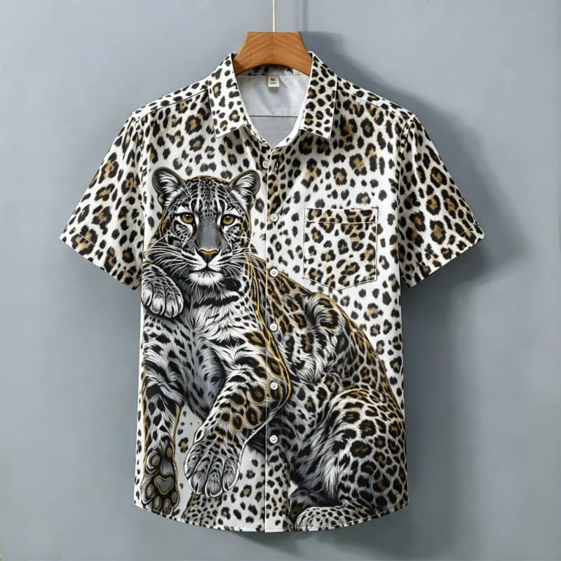 Retro Autumn Forest Animal Print Short Sleeved Shirt for Menniche Personality,thin Fit,loose Collar,outdoor Travel Versatile Top