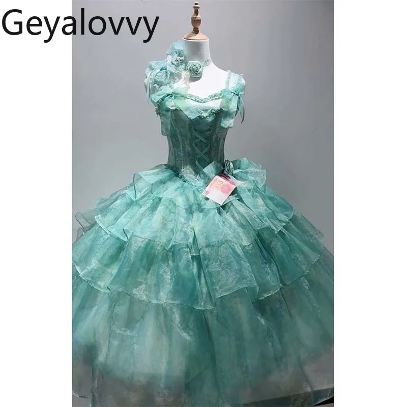 Zielona Lolita Sukienka Wieczorowa Długa z Wysokim Stanem, Dopasowana, Letnia Słodka Dziewczęca Sukienka na Urodziny, Super Wróżkowa Sukienka Księżniczki z Kokardą