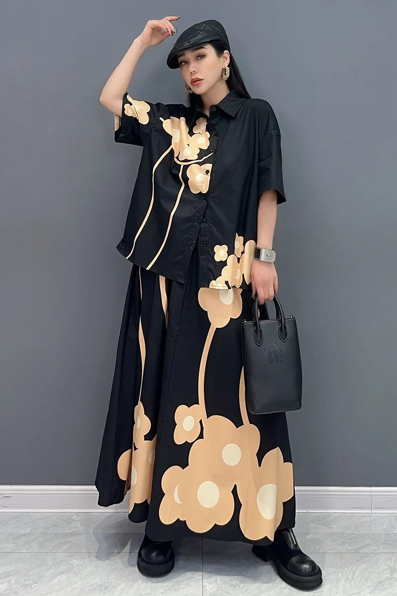 2024 herbst Neue Mode Elegante Gedruckt Set Frauen Lose Kurzarm Shirt Weibliche Halbe Länge Rock Zwei-stück Set j639