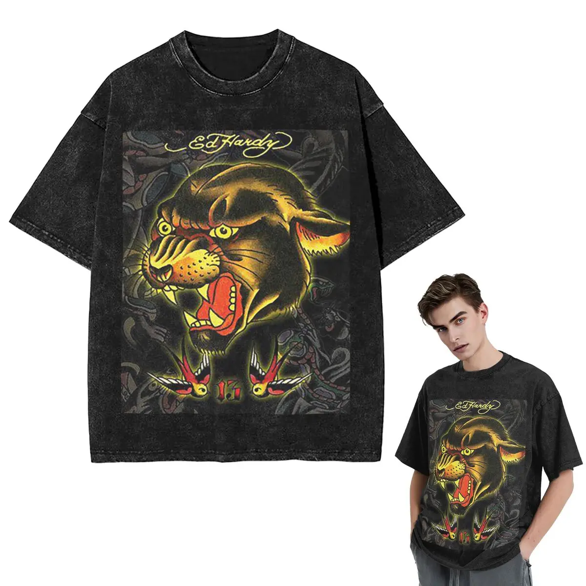 Camisetas streetwear ed-hardy tatuagem tigre crânio lavado t camisa de manga curta hip hop camiseta topos camisetas para homens