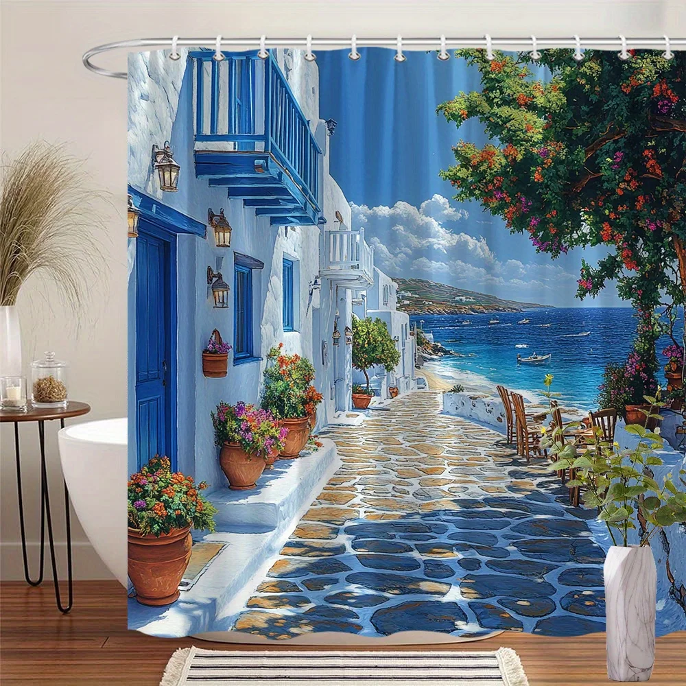 Waterproof Shower Curtain Mediterranean Blue Greek Village Coastal Bathroom Decor Summer Vacation Art Print Tapestry