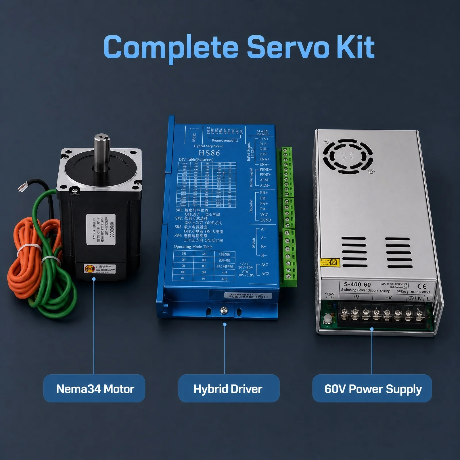 NEMA 34 Closed Loop Stepper Motor Kit with HS86 Driver 60V 400W Switch Power Supply AC 100-240V 4.5Nm 8.5Nm 12Nm