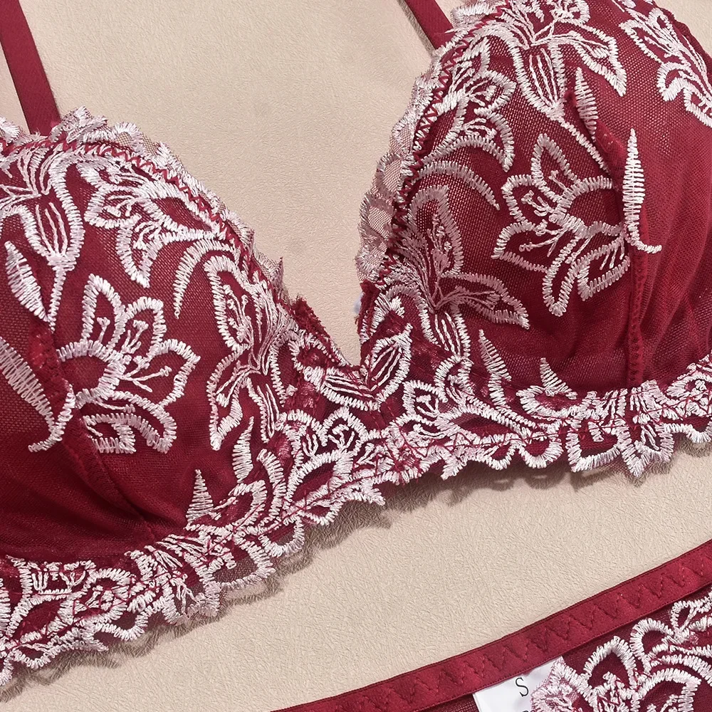 Set di lingerie velata con ricamo floreale Set di biancheria intima da donna in 2 pezzi con reggiseno trasparente + slip Intimo rosso per San Valentino