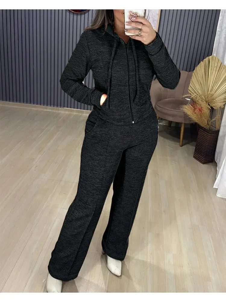 

Женский комплект из 2 предметов, толстовка с капюшоном на молнии и длинными рукавами, пальто с повседневными широкими брюками с эластичной резинкой на талии