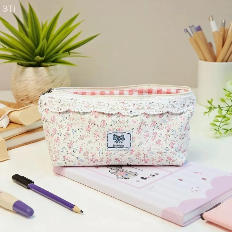 Bolsa de lápices Floral rosa con adorno de encaje, organizador de papelería para niñas, bolsa para bolígrafos de gran capacidad, suministros escolares y de oficina