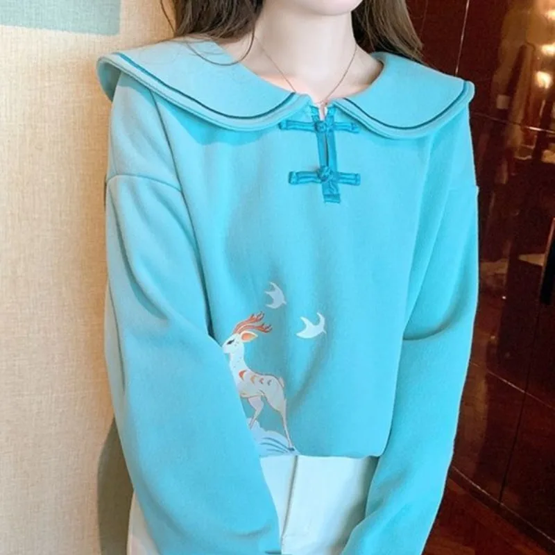 Women\'s Pullover Peter Pan Collar Chinese Style Solid Loose Long Sleeved Cartoon Hoodies 2023 New Popular Autumn and Winter Tops