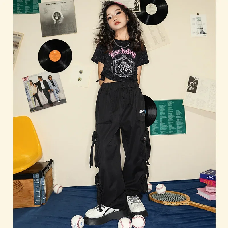 Vintage Black T-Shirt Jazz Performance Clothing Girls' Hip-Hop Dance Attire Big pockets Cargo pants