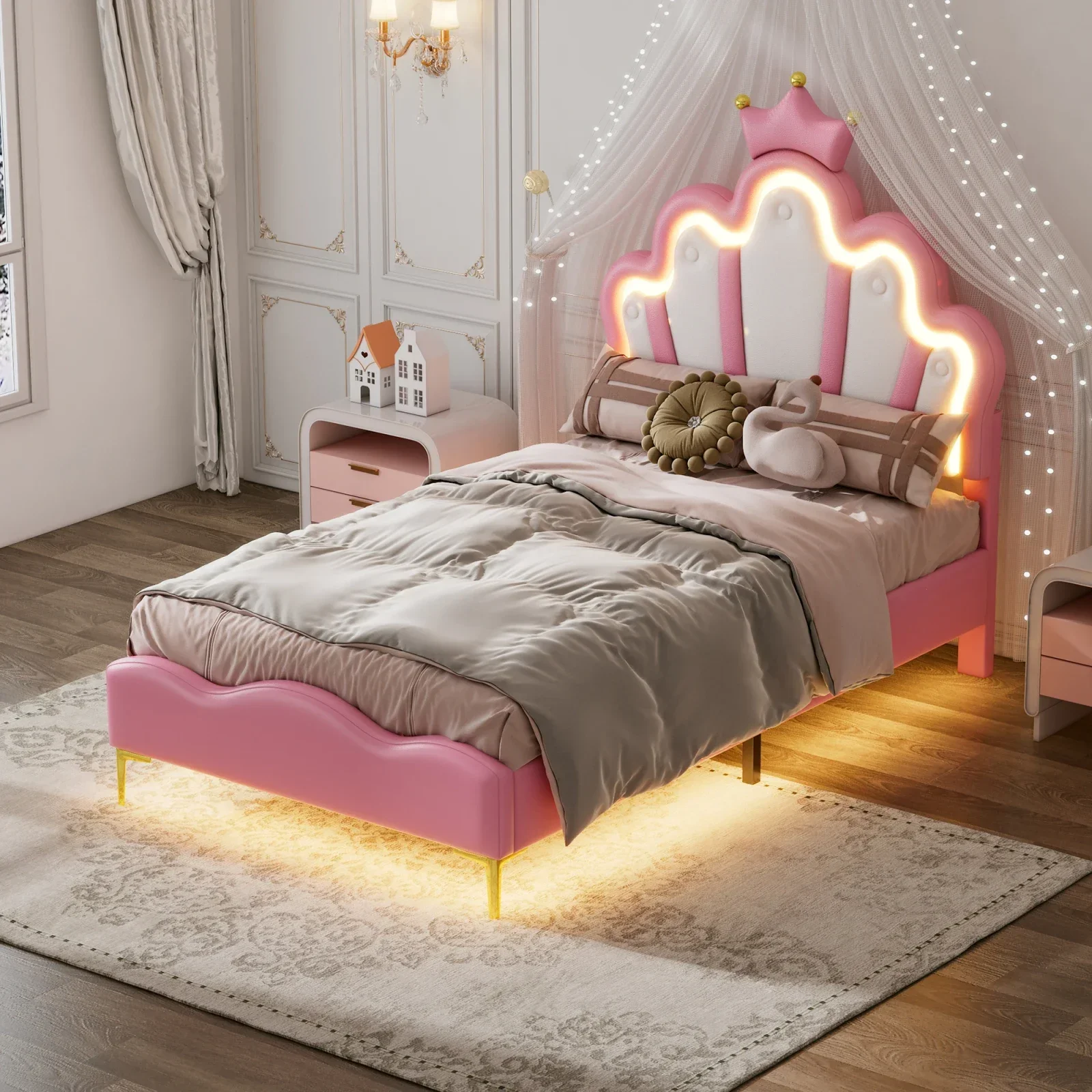 Fangange Elegant meisjesbed 90X200cm, eenpersoonsbed, meisjesbed, gestoffeerd bed met hoofdeinde en lattenbodem, jeugdbed, zonder matras