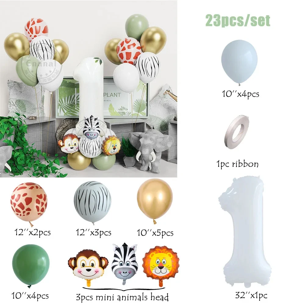 23/57pcs Jungle Safari Animal Number Balloons Set Kids 1 2 3 Years Birthday Party Decorations Wild One Green Latex Helium Globos view 3
