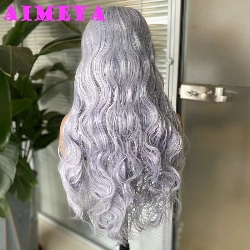 AIMEYA Light Grey Loose Curly Wig Long Synthetic Lace Front Wigs Heat Resiatant Silver Lace Wig Daily Use Cosplay Wig