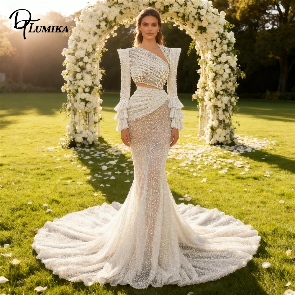 

DTLumika Pearls Long Wedding Dress for Bride 2026 Full Sleeves Sheath Bride Dresses See Through Sexy Bridal Gown Customized