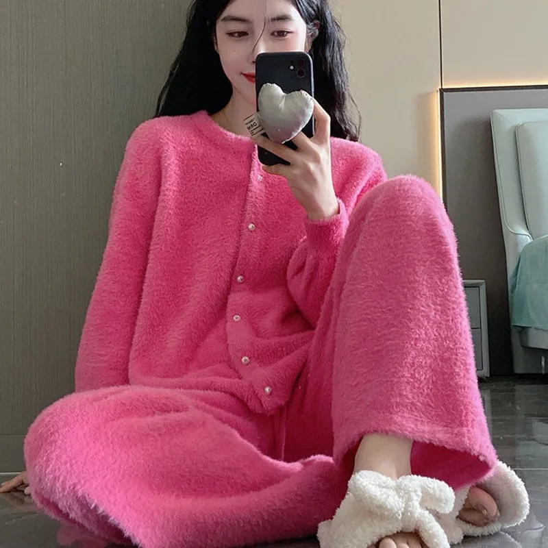 

Rose Red Fashion Flannel Pajama Sets New Thicken Warm Sleepwear Women Hot Velvet Winter Home Clothes Lounge Pyjamas Femme Suit
