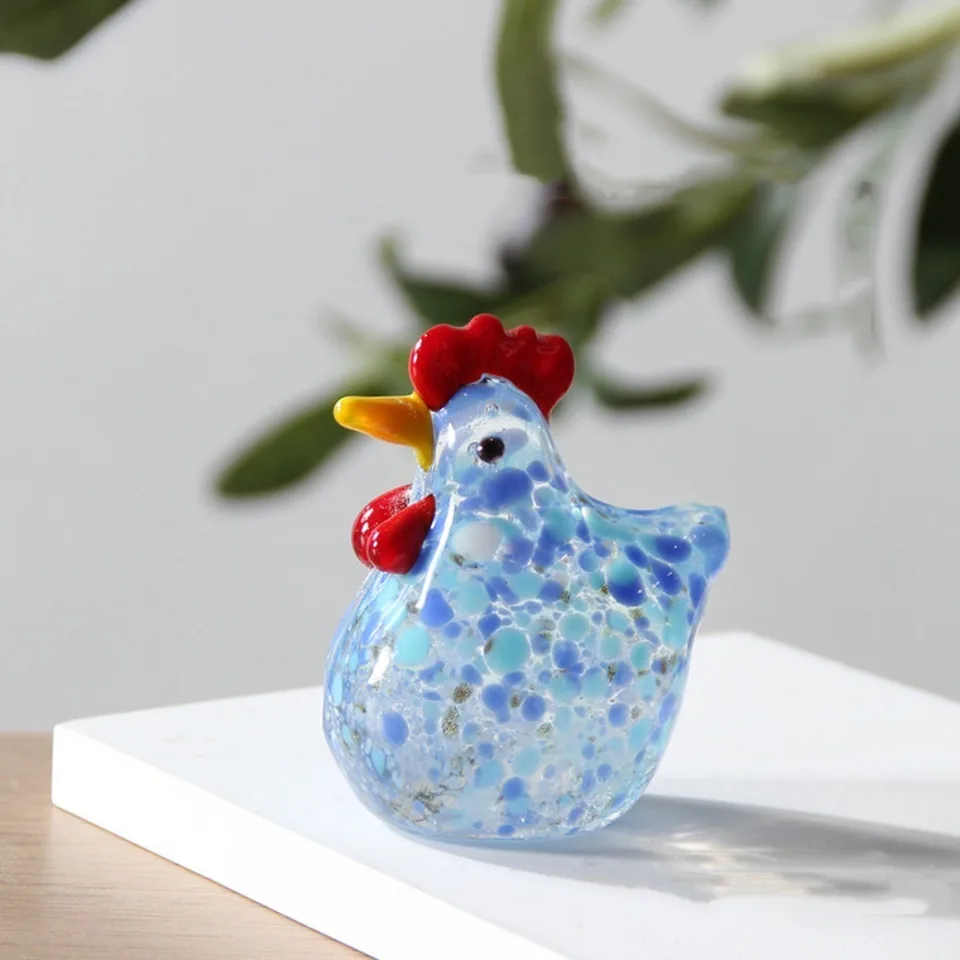 Blue Glass Chicken Figurine Mini Home Decor