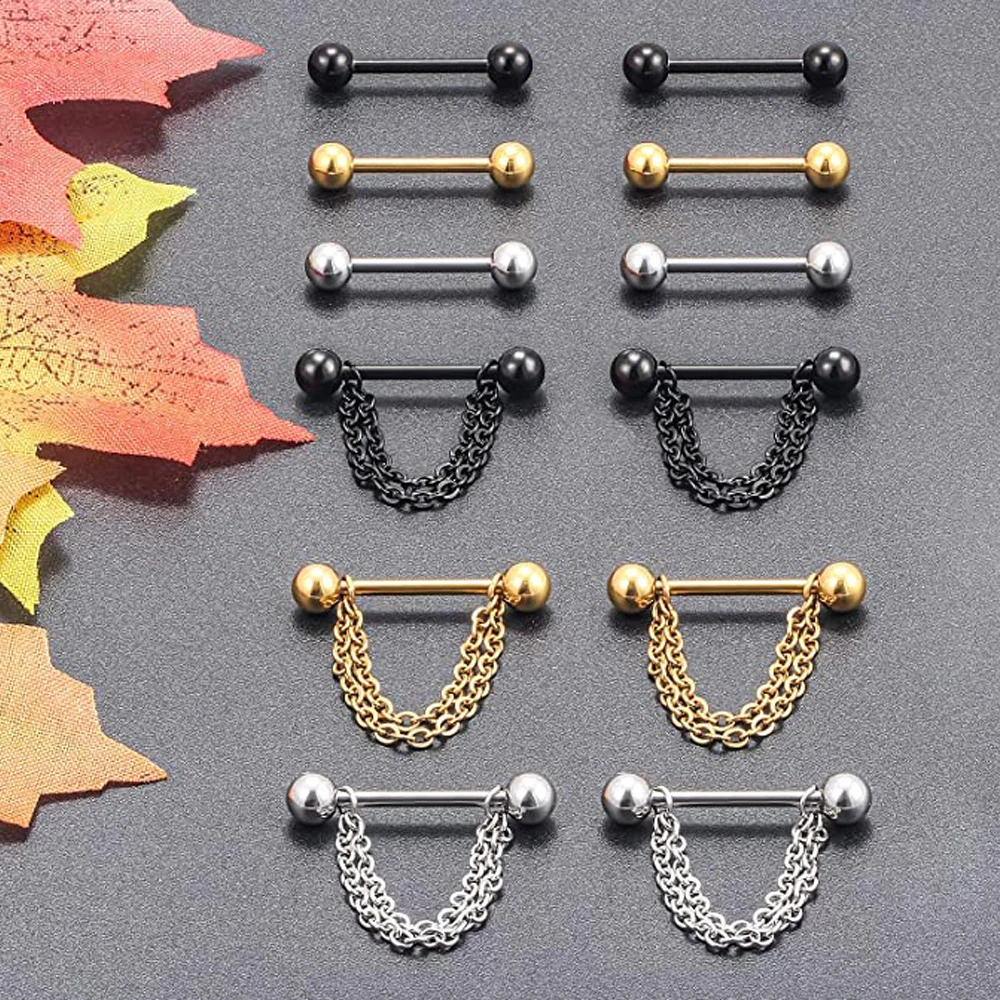 6 Pairs Nipple Rings 14G Surgical Steel Chain Dangle Nipple Shield Barbell Piercing Nipplerings Bar Jewelry for Women Men Kit image 2