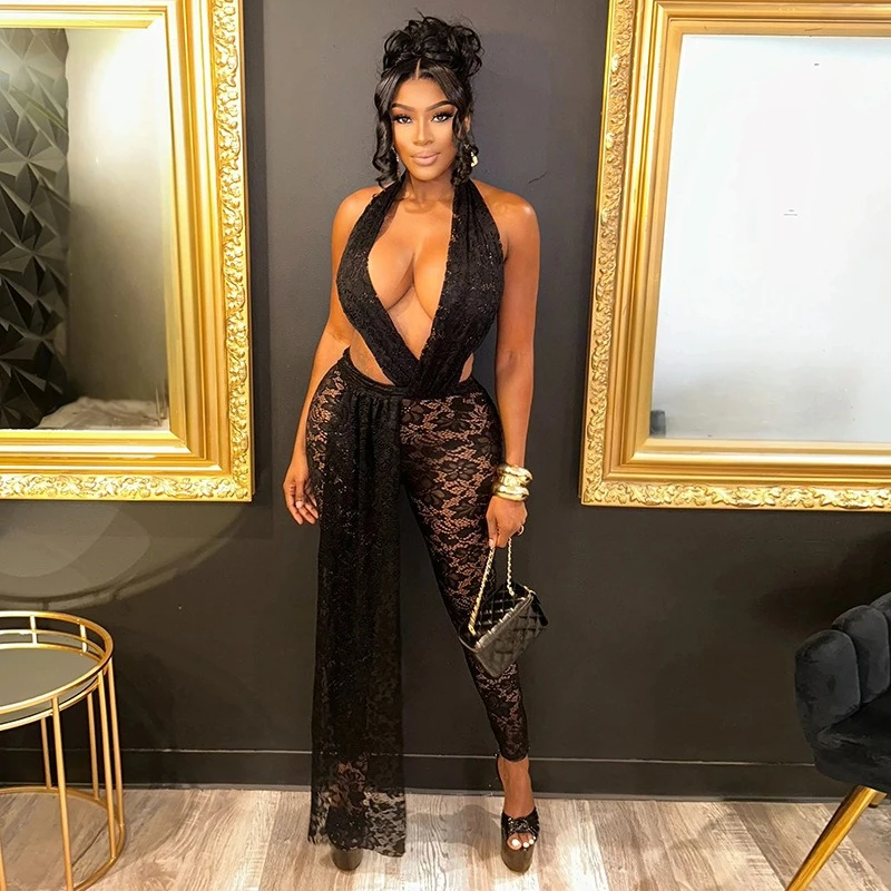 

Сексуальный комбинезон с глубоким V-образным вырезом, цветочным кружевом, лентами, без рукавов, облегающий, с открытой спиной, для вечеринок, клубная одежда