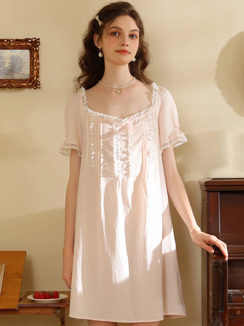 Women Victorian Nightgowns Cotton Sleeping Night Dress Short Sleeve Summer French Vintage Princess Lace Sweet Home Sleepwear