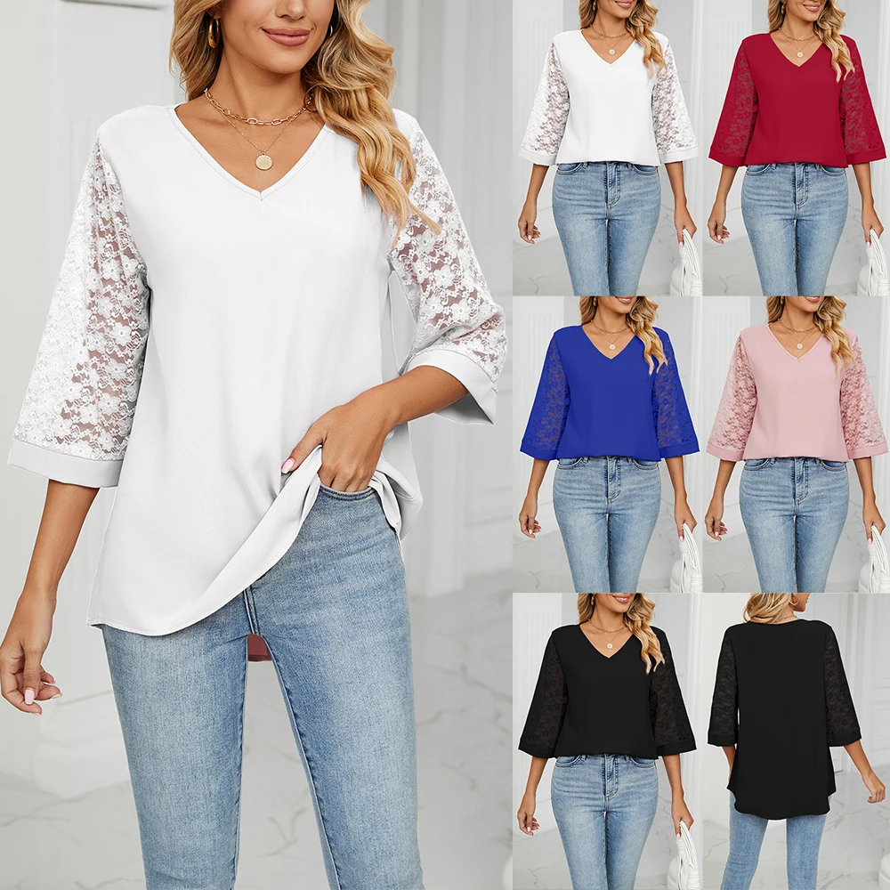 Womens Spring Summer V-Neck Chiffon Lace Blouse Tops Ladies Casual Loose Shirts T-Shirts Tee Plus Size 2024