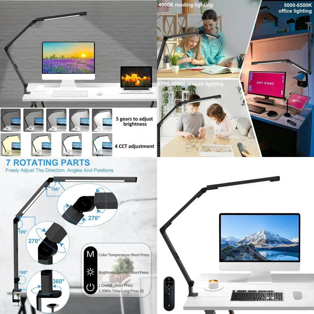 

Настольная лампа с регулируемым зажимом и пультом дистанционного управления, 5-уровневая яркость для домашнего офиса и компьютерной работы