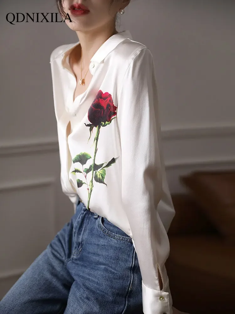 Women's Silk-like Rose Pattern Long Sleeve Top, Elegant Fashion Shirts, Luxury Designer Blouses, White,Woman Blouse 2024