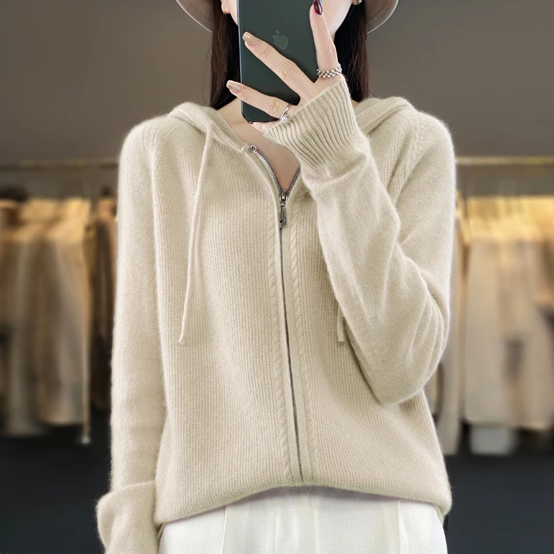 Women 100% Merino Wool Hoodie Cardigan Zipper Long Sleeve Casual Loose Cashmere Sweater Korean Fashion Knitted Coat Female Tops